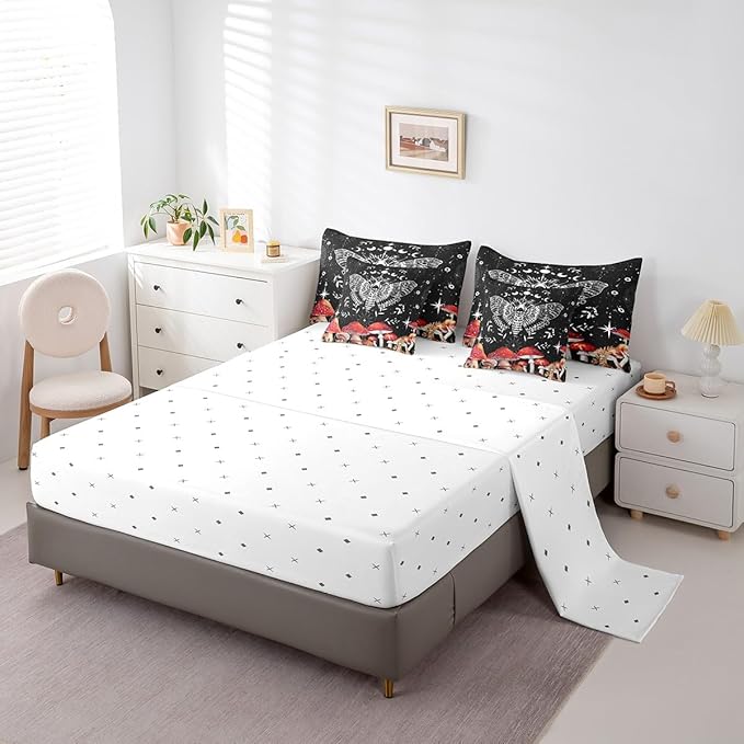 Feelyou Death Moth Bedding Set with Comforter, King Size 7Pcs Halloween Decorations Comforterative Cute Mushroom Bed in a Bag with Comforter, Boho Moth Room Decor