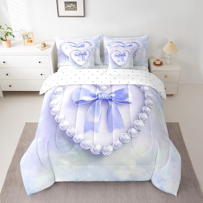 jejeloiu Girls Silk Bow 7 Piece Bedding Set King Size Purple Pearl Comforter Set with Sheets for Kids Women Princess Style Bed in a Bag Purple Ombre Bed Set