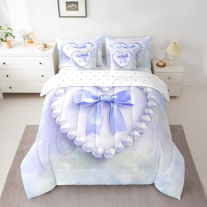 jejeloiu Girls Silk Bow 7 Piece Bedding Set King Size Purple Pearl Comforter Set with Sheets for Kids Women Princess Style Bed in a Bag Purple Ombre Bed Set