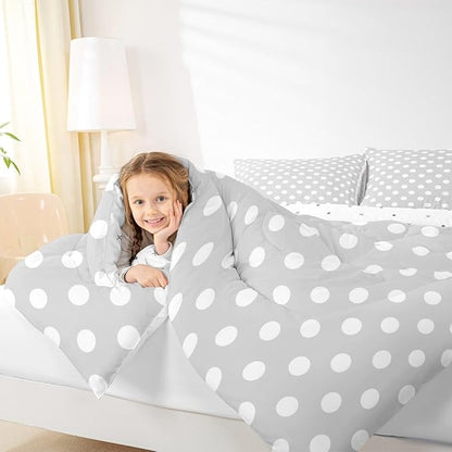 Manfei Polka Dots Teens Comforter Set,French Style Cartoon Dots Gray White Bedding Set All Season,Modern Geometric Circles Abstract Simple Art Comforter 3 Pcs with 2 Pillowcases,Queen Size