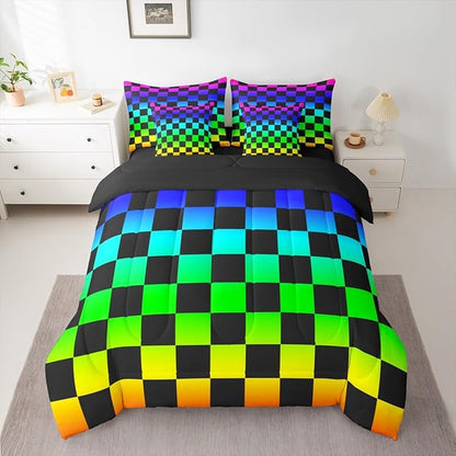 Multicolored Checkered Retro Comforter Set with Sheets 7 Piece Full Size Geometric Vintage Bed in a Bag Kids Boys Girls Colorful Bedding Set Modern Groovy Aesthetic Bedroom Decor Breathable Soft
