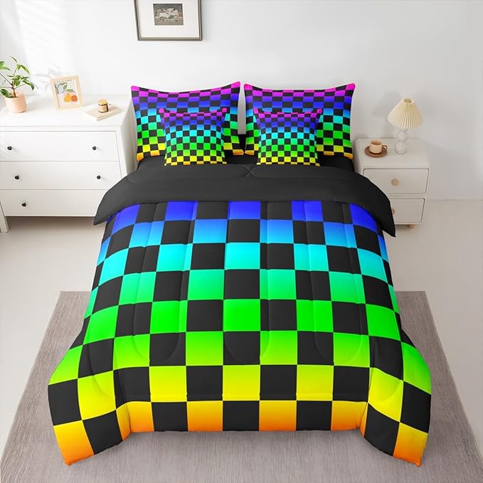Multicolored Checkered Retro Comforter Set With Sheets 7 Piece King Size Geometric Vintage Bed in a Bag Kids Boys Girls Colorful Bedding Set Modern Groovy Aesthetic Bedroom Decor Breathable Soft