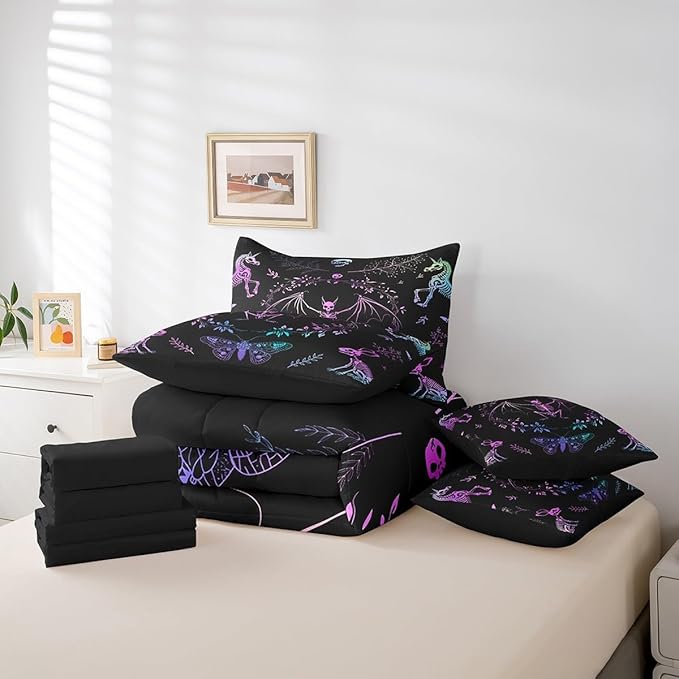 Moth Animal Comforter Set,Gothic Skull Boho Kids Bedding Set for Bedroom Decor,Black and White Skeleton Bed Set(Comforter+Fitted+Flat Sheet+Pillowcases+Pillow Covers),King