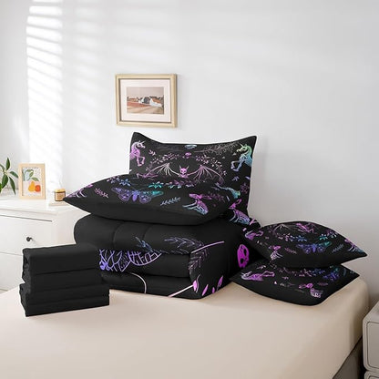 Moth Animal Comforter Set,Gothic Skull Boho Kids Bedding Set for Bedroom Decor,Black and White Skeleton Bed Set(Comforter+Fitted+Flat Sheet+Pillowcases+Pillow Covers),King