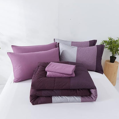 Anibedding Purple King Size Comforter Set 7 Pieces Purple Striped Bed in a Bag, Boho Patchwork All Season Comforter with Sheets, Soft Microfiber Reversible Bedding Set (103"x90")