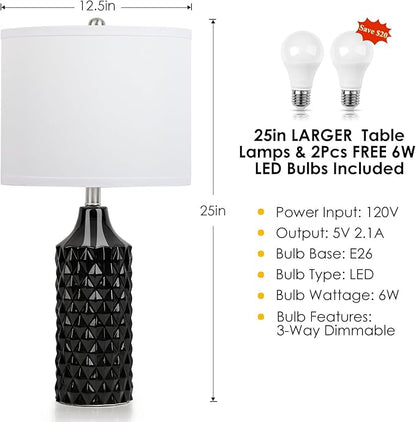 Ceramic Table Lamps Set of 2, Modern Bedside Lamp 25" Nightstand Lamp 3-Way Dimmable Lamp for Bedroom Living Room End Table Lamp Farmhouse Lamp Side Table Lamp, Bulbs Included (25 inch, Black)
