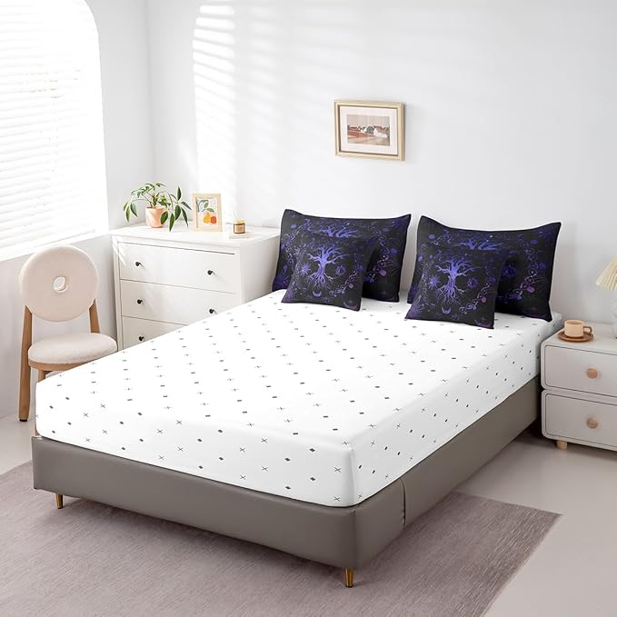 Feelyou Bohemian Tree Bedding Set with Comforter, Queen Size 7Pcs Purple Galaxy Tree Comforterative Sun Moon Bed in a Bag with Comforter, Astrology Space Room Decor