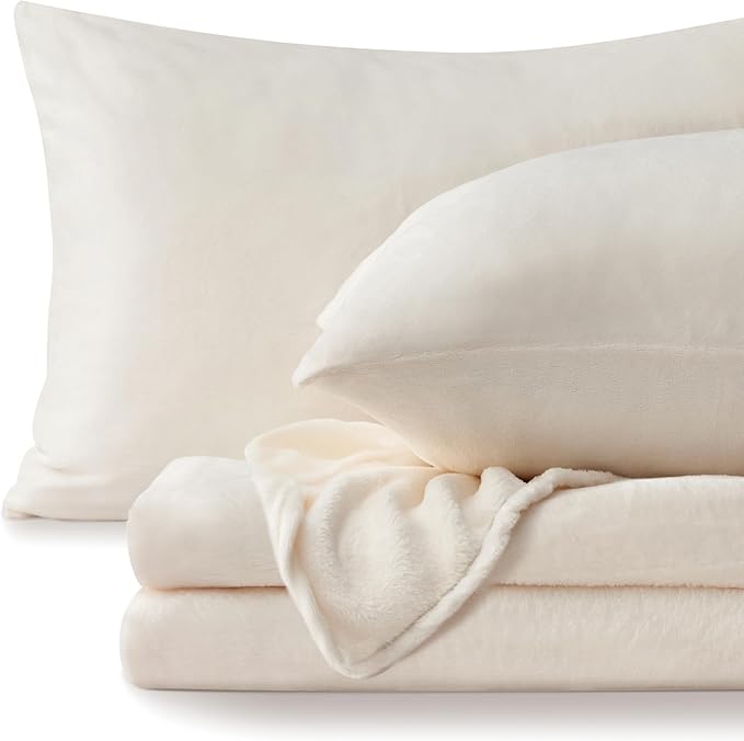 BEDELITE Flannel Sheets Full Size White - Super Soft Fleece Sheets Set Fluffy Extra Plush, 4 Piece(Include Fitted Sheet, Flat Sheet, 2 Pillowcases)
