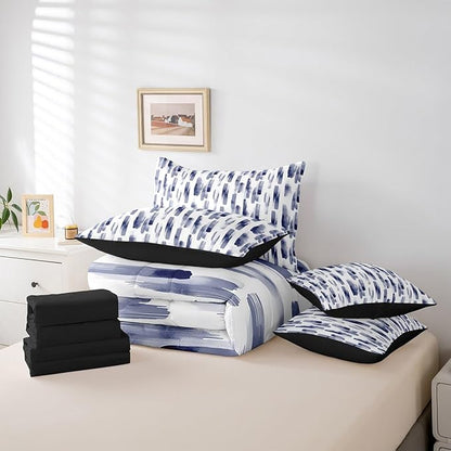Erosebridal 7Pcs Navy Blue Queen Comforter Set,Teal Ombre Geometric Striped Bed in A Bag for Teens Adults,Gradient Modern Art Aesthetic Bedding,Contemporary Boho Graffiti Quilt Set with Pillowcases
