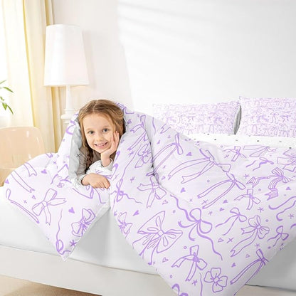 Cartoon Bowknot Kids Bedding Set Queen Size,Purple Bow Tie Comforter Set 3Pcs,Butterfly Knot Princess Girls Quilt Set for Teens Woman,Bow Stars Love Sweet Girly Duvet Insert,2 Pillowcases