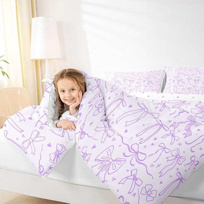 Cartoon Bowknot Kids Bedding Set Full Size,Purple Bow Tie Comforter Set 3Pcs,Butterfly Knot Princess Girls Quilt Set for Teens Woman,Bow Stars Love Sweet Girly Duvet Insert,2 Pillowcases