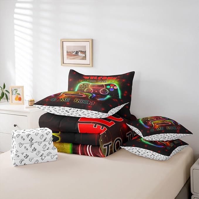 jejeloiu Cool Gamer 7 Piece Bedding Set King Size for Boys 3D Gaming Comforter Set with Sheets Kids Teens Bright Red Bed in a Bag Modern Game Console Bed Set