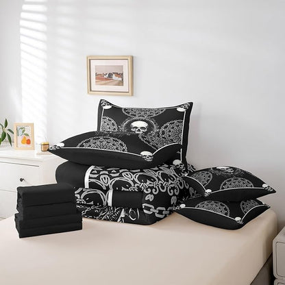 Erosebridal Sugar Skull 7 Piece Bedding Set Queen Size,Gothic Exotic Bed in a Bag,Horror Theme Bed Set Includes Comforter, Sheet Set, Pillowcases & Pillow Covers All Season Bedroom Decor