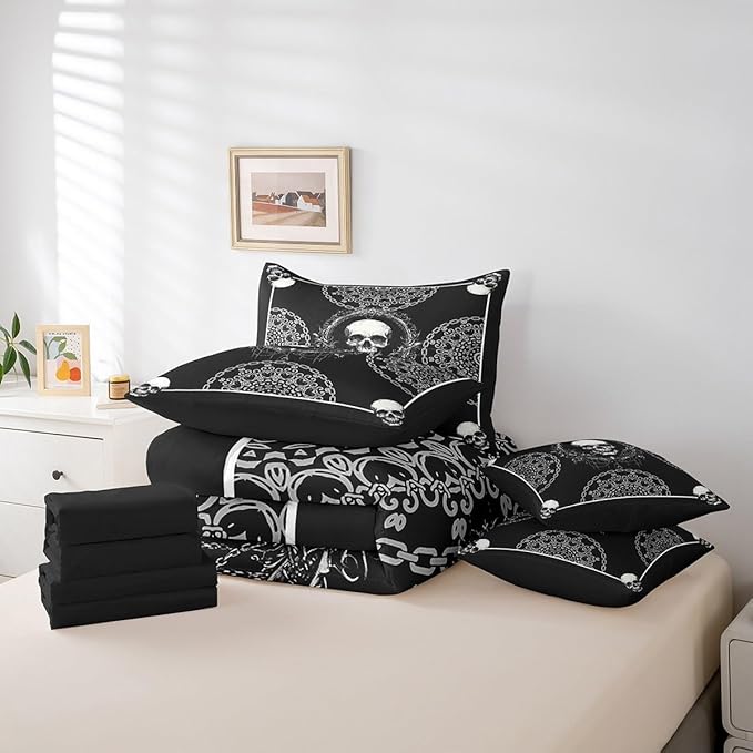 Erosebridal Sugar Skull 7 Piece Bedding Set Twin Size,Gothic Exotic Bed in a Bag,Horror Theme Bed Set Includes Comforter, Sheet Set, Pillowcases & Pillow Covers All Season Bedroom Decor