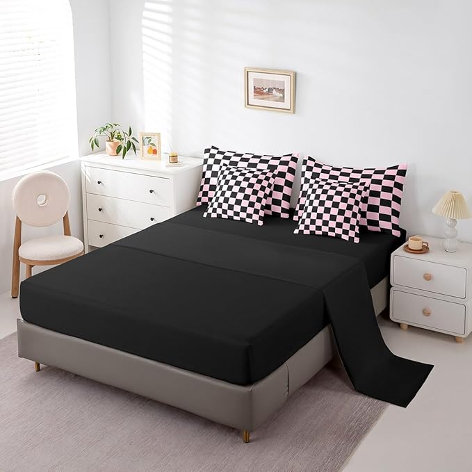 Feelyou Checkered 7 Piece Bedding Set Teen Pink Black Plaid Comforter Set with Sheets Queen Size Kids Boys Cute Retro Neutral Checkerboard Geometric Bed in a Bag Vintage Aesthetic Room Decor