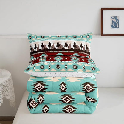 Feelyou Boho Comforter Set Toddler Size Horses Comforter Southwestern Native Aztec Bedding Set Farmhouse Wildlife Duvet Set Room Decor Light Blue Quilt Set