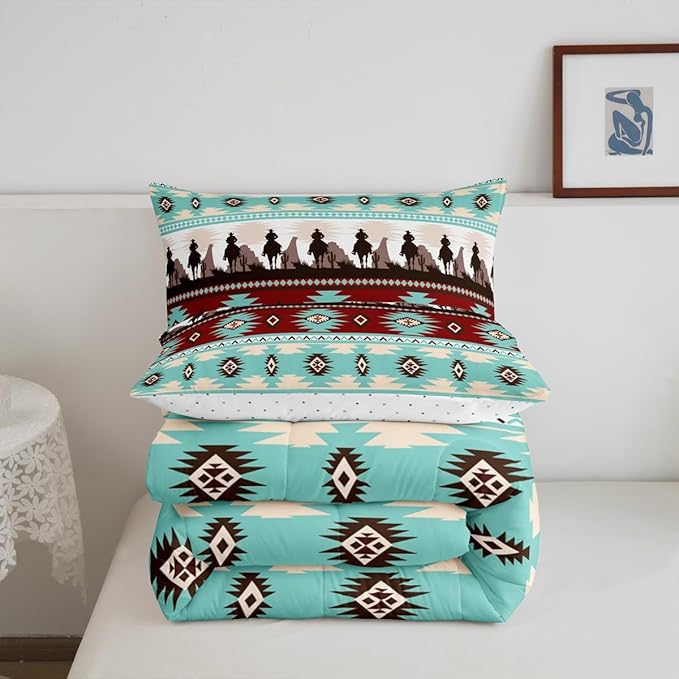 Feelyou Boho Comforter Set Full Size Horses Comforter Southwestern Native Aztec Bedding Set Farmhouse Wildlife Duvet Set Room Decor Light Blue Quilt Set
