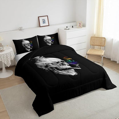 Erosebridal Gothic Skull Bedding Twin, Leaves Comforter Set for Kids Boys Girls,Smoky Skeleton Down Comforter, Plant Tropical Botanical Bedding Comforter Sets for Bedroom Decor