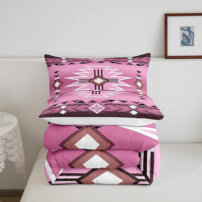 Pink Western Comforter Set Queen Size,Southwestern Cowgirl Bedding Set,Aztec Quilt Ethnic Tribal Arrow Quilt Set Kids Girls Women Teens Room Decor,Retro Countryside Duvet Insert,2 Pillowcases