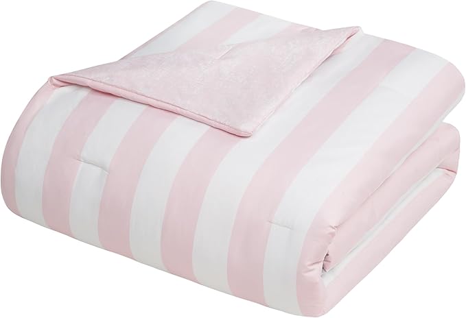 Juicy Couture Cabana Stripe Reversible Bedding Set - Twin/Twin XL Size - Dogwood Pink/White Stripe Print - 5 Piece Set - Includes 1 66" x 90" Comforter, 3 Decorative Pillows, 1 Sham