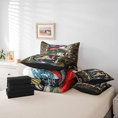 Camo Bedding Set Bass Pike Fish Bed in a Bag King Size Comforter Set 7 Pieces | Mens Hunting Country Comforter and Sheet Set, Woodland Animals Camouflage Cabin Bed Sets,Rustic Farmhouse Decor