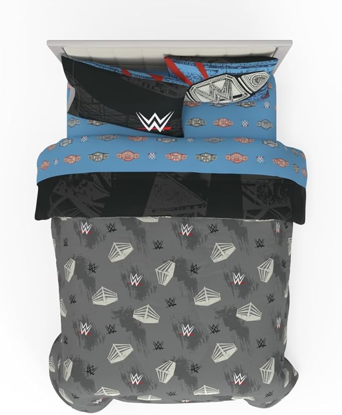WWE Wrestling Full Bedding Set – 7 Piece Super Soft Microfiber Reversible Comforter & Sheet Set Featuring Championship Belts (Officially Licensed Product) by Franco