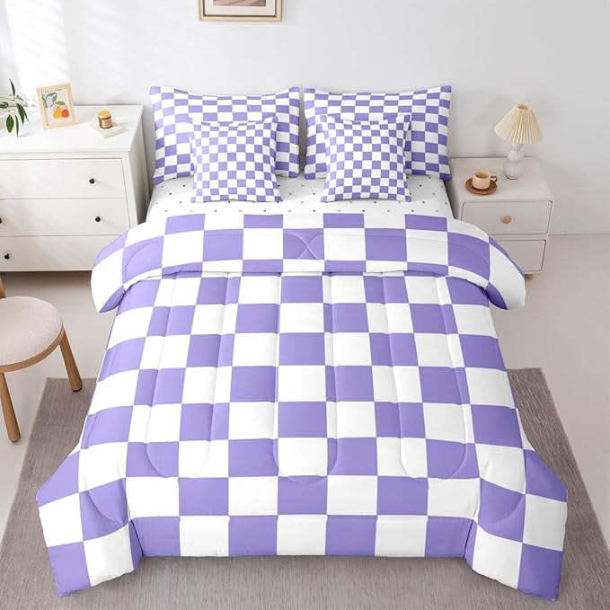 Feelyou Checkered Retro Comforter Set with Sheets 7 Piece King Size Purple Plaid Bedding Set for Kids Boys Girls Geometric Vintage Bed in a Bag Modern Simple Groovy Aesthetic Room Decor Soft