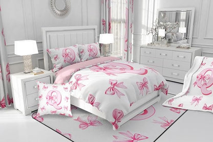 Erosebridal Pink Dreamy Princess Style Twin Bedding Set for Kids Girls Teen,Initial Letter Q Comforter Set Cute Kawaii Bowknot Bedding Comforter Sets Romantic Watercolor Bow Quilt Duvet