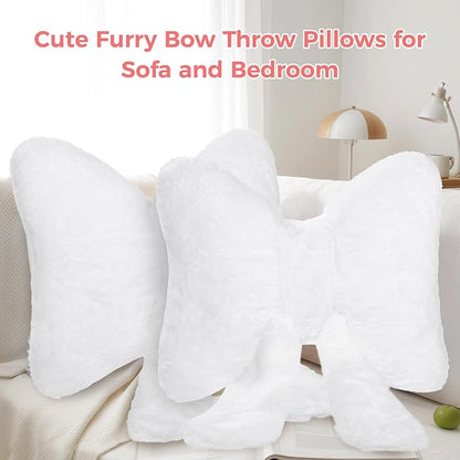2 PCS Bow Pillow Room Decor, White Bow Pillows, Plush Bow Decor for Bedroom Sofa, Soft Comfortable Accent Pillows, Ideal for Sofa and Office Chair