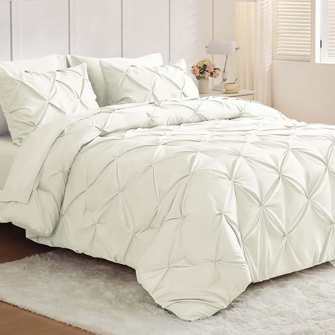 JOLLYVOGUE Full Size Comforter Sets 7 Pieces - Bed in a Bag Full for All Season, Pintuck Bedding Comforter Sets with Comforter, Flat Sheet, Fitted Sheet and Pillowcases & Shams, Ivory