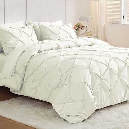 JOLLYVOGUE King Size Comforter Set 7 Pieces - Bed in a Bag King for All Season, Pintuck Bedding Comforter Sets with Comforter, Flat Sheet, Fitted Sheet and Pillowcases & Shams, Ivory