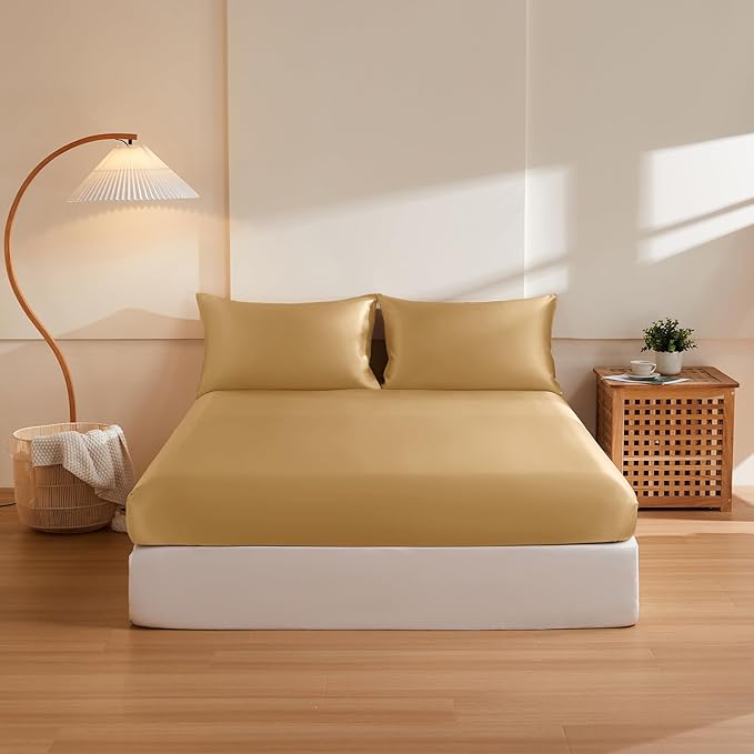 THXSILK 6A+ Top Grade 100% Pure Mulberry Silk Twin Fitted Sheet 3Pcs Set Bed Sheets Luxury Bedding for Hair and Skin Health Breathable Cooling, 1 Fitted Sheet with 2 Pillowcases, Metallic Gold