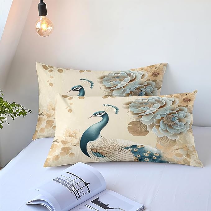 Peacock Comforter Set Full Size, Oriental Birds Floral Bedding Set, 3 Pieces Asian Bedroom Decor with 2 Pillowcases/79 * 90