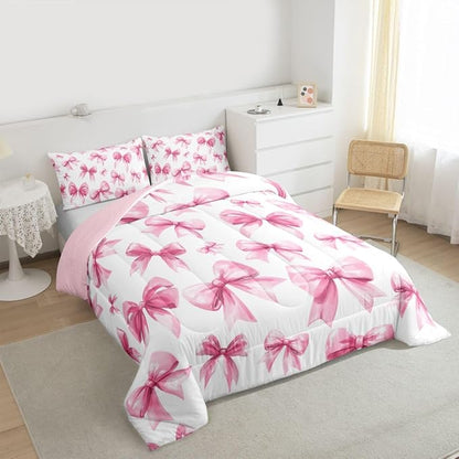 Feelyou Pink Bow Kids Comforter Set King Size Cute Bowknot Bedding Set Princess Decor Duvet Quilt for Kids Boys Girls Bedroom Kawaii Decor Microfiber Ultra Soft Breathable