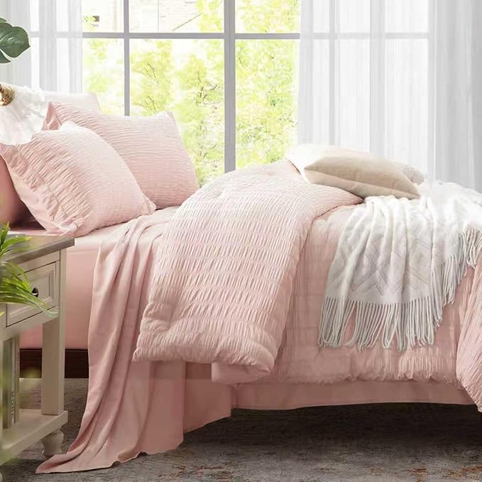 Zzlpp Full Comforter Set 7 Pieces, Pink Seersucker Bed in a Bag with Comforter and Sheets, All Season Bedding Sets with 1 Comforter, 2 Pillow Shams, 2 Pillowcases, 1 Flat Sheet, 1 Fitted Sheet