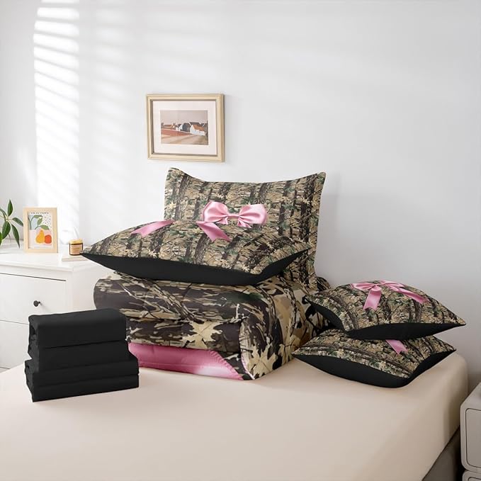 Erosebridal Bowknot 7 Piece Bedding Set Twin Camo Comforter Set with Sheets Hunting Woodland Bow Ribbon Wildlife Deer Bed in A Bag Brown Pink Bed Sets