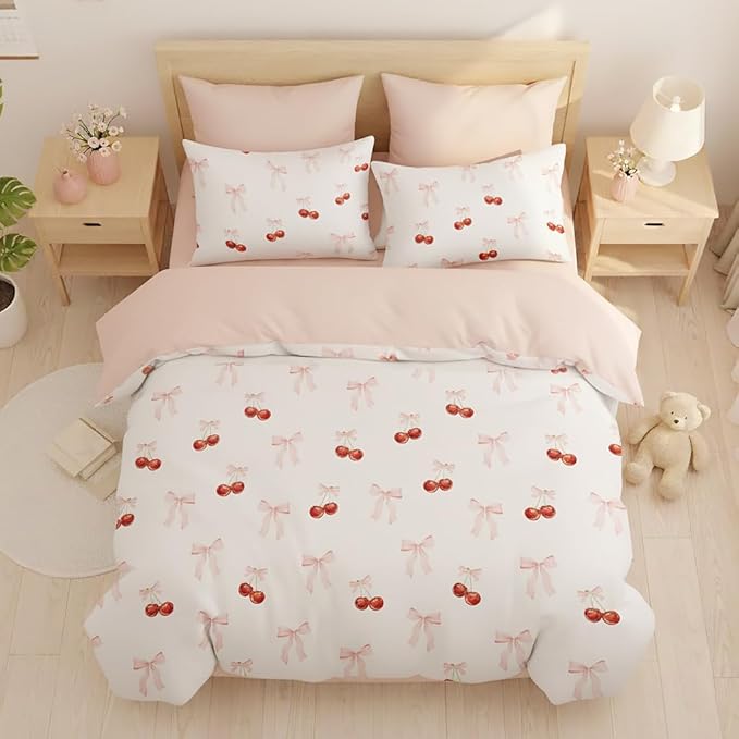 Nayoroom Pink Bow Comforter Set Full Size Reversible Red Cherry Comforter 3 Pieces Soft Lightweight Kids Girls Cute Aesthetic Dorm