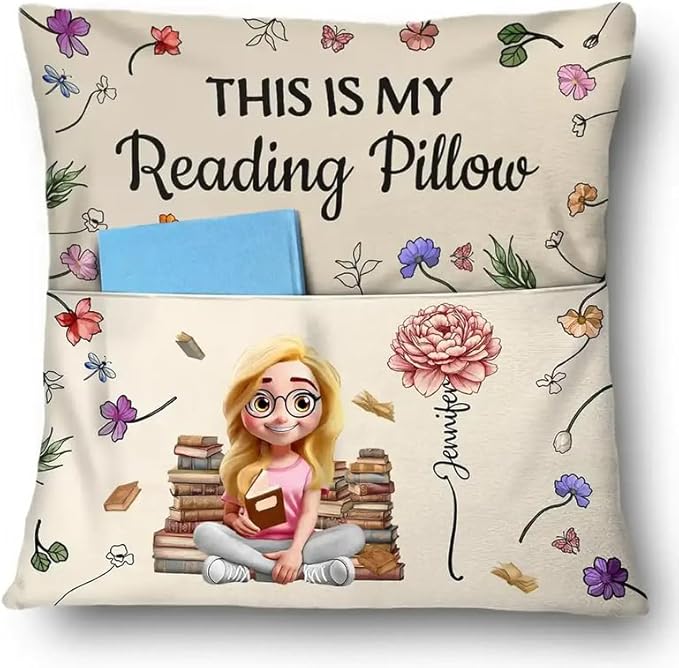 Personalized Pocket Pillow - Birthday Gift, Reading Cushion, Book Lover Keepsake - My Reading Pillow Reading Girl with Birth Month Flower