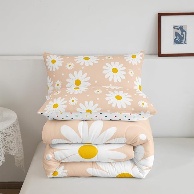Erosebridal Orange Kawaii Floral Comforter Cute Daisy Twin Bedding Set for Kids Girls Teen Women Room Decor 2 Pcs,Cartoon Flower Comforter Set Rustic Farmhouse Quilt
