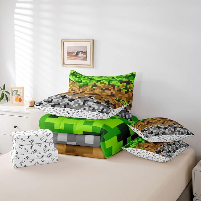 Pixelated Miners Gaming 7pcs Comforter Set King Size,Green Brown Grey Bedding Sets Kids Boys Teens Room Decor,Geometric Block Flat + Fitted Sheet Construct Theme Games 2 Cushion Cover,2 Pillowcase