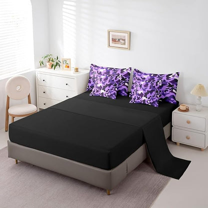 Erosebridal Duck Hunter 7 Piece Comforter Set King Size Camo Bedding for Kids Girls Army Camouflage Hunting Bed in A Bag Sheet Set Vintage Purple Black Room Decor Wild Animal Duck Rustic Bed Set