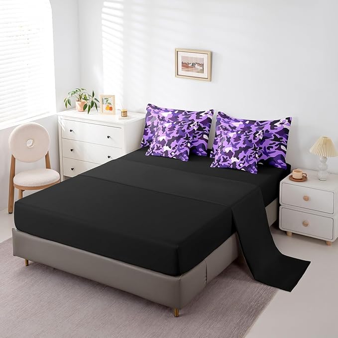 Erosebridal Camo 7 Pcs Comforter Set Queen Size Duck Hunter Bedding for Kids Girls Army Camouflage Hunting Bed in A Bag Sheet Set Vintage Purple Black Room Decor Wild Animal Duck Rustic Bed Set