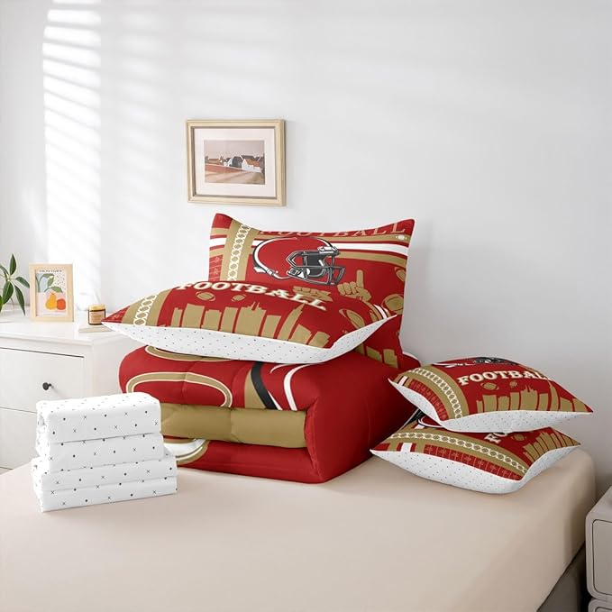 Feelyou Football 7 Pieces Comforter Sets Bedding Set for Boys Kids Teen Full Size Sports Theme Football City Bed in a Bag with Comforter, Sheets, Pillowcases & Cushion Cover