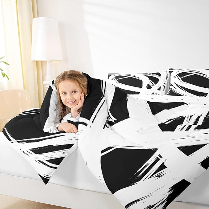 Erosebridal White and Black Abstarct Queen Comforter Set for Adult Women Men, Geometric Striped Bedding Set for Minimalists,Graffiti Aesthetic Lines Quilt,Contemporary Boho Modern Art Duvet Insert