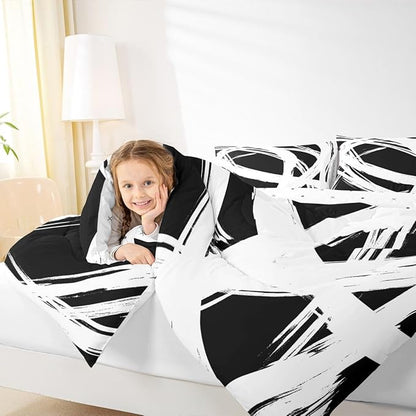 Erosebridal White and Black Striped King Bedding Set for Kids Teens Adults, Geometric Striped Comforter Set for Minimalists,Graffiti Aesthetic Lines Duvet Insert,Contemporary Boho Modern Art Quilt