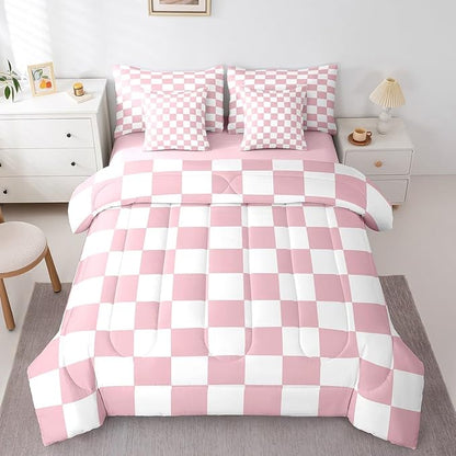 Feelyou Checkered 7 Piece Bedding Set Teen Women Men Pink Plaid Comforter Set with Sheets Queen Size Kids Boys Cute Retro Neutral Checkerboard Geometric Bed in a Bag Vintage Aesthetic Room Decor