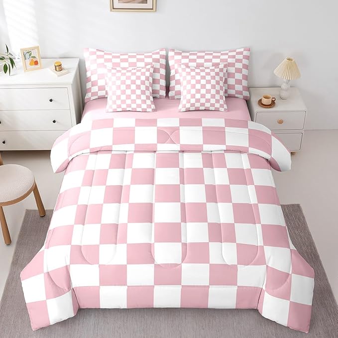 Feelyou Checkered 7 Piece Bedding Set Teen Women Men Pink Plaid Comforter Set with Sheets Twin Size Kids Boys Cute Retro Neutral Checkerboard Geometric Bed in a Bag Vintage Aesthetic Room Decor