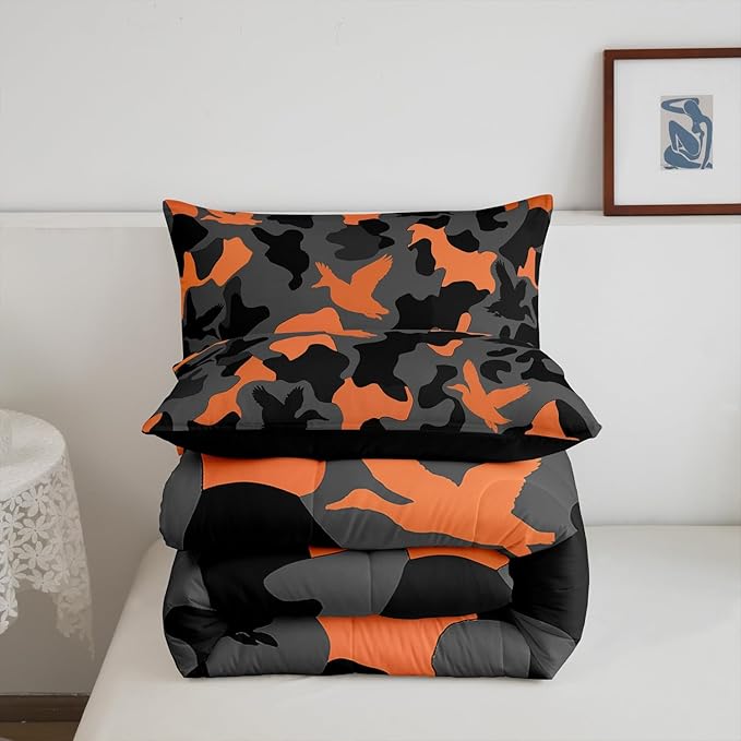 Erosebridal Hunting Duvet Insert King Size Camouflage Bedding for Kids Army Wild Duck Bedding Comforter Sets Vintage Orange Grey Mallard Duck Bedroom Decor Wild Animal Duck Rustic Comforter Set