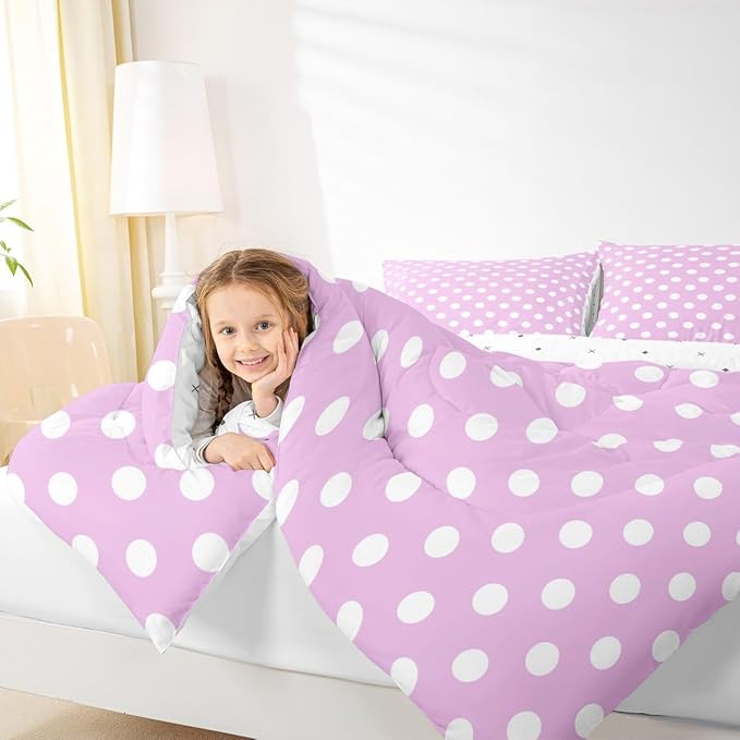 Manfei Polka Dots Comforter Set Full Size,Cartoon French Style Dots Rose Pink White Bedding Set for Child Young,Modern Geometric Circles Abstract Simple Art Comforter,3 Pcs 2 Pillowcases