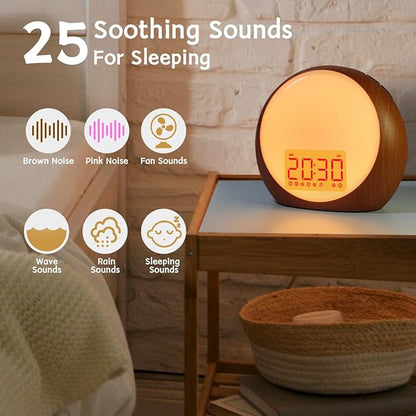 Wake Up Light Sunrise Alarm Clock White Noise Machine with Sunrise Sunset Simulation for Heavy Sleepers Kids Bedroom Dual Alarms Snooze Sound Brown Noise Machine with 25 Sounds for Sleeping